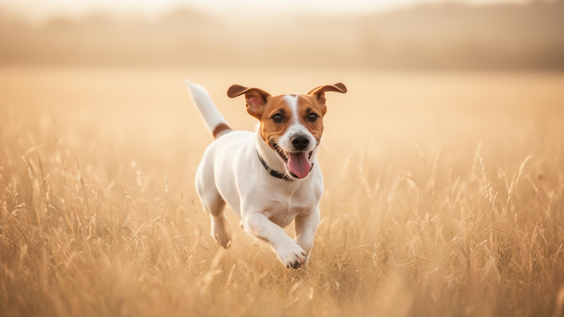 A joyful jack russell terrier running through a golden field